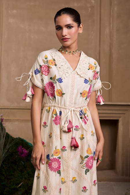 Buy Chandrima Ivory Chanderi, Cotton Embroidery, Beads, Embellished Floral Shirt Dress Online at Aza Fashions Buy_Chandrima_Ivory Chanderi, Cotton Embroidery, Beads, Embellished Floral Shirt Dress _Online_at_Aza_Fashions