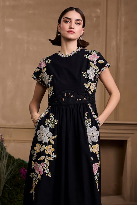 Chandrima Black Cotton Embroidery Round Neck Contrast Embellished Midi Dress Online at Aza Fashions Chandrima_Black Cotton Embroidery Round Neck Contrast Embellished Midi Dress _Online_at_Aza_Fashions