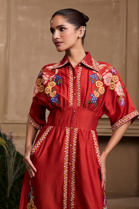 Chandrima_Red Chanderi, Cotton Applique, Beads Collared Floral Midi Shirt Dress _Online_at_Aza_Fashions