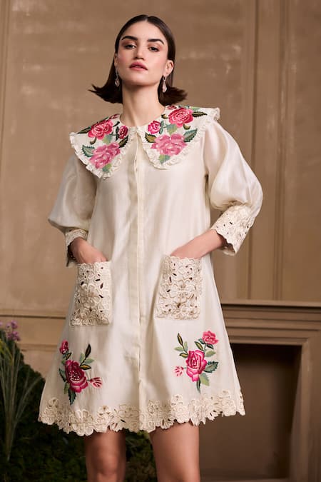 Chandrima Ivory Chanderi, Cotton Embroidery, Beads, Cut Embellished Rose Motif Shirt Dress Online at Aza Fashions Chandrima_Ivory Chanderi, Cotton Embroidery, Beads, Cut Embellished Rose Motif Shirt Dress _Online_at_Aza_Fashions