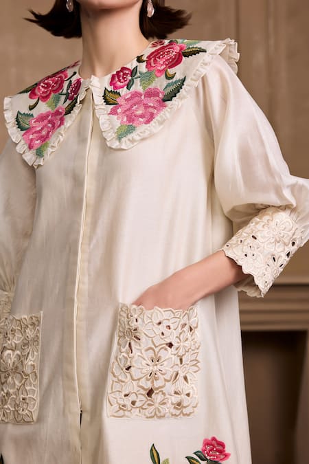 Buy Chandrima Ivory Chanderi, Cotton Embroidery, Beads, Cut Embellished Rose Motif Shirt Dress Online at Aza Fashions Buy_Chandrima_Ivory Chanderi, Cotton Embroidery, Beads, Cut Embellished Rose Motif Shirt Dress _Online_at_Aza_Fashions