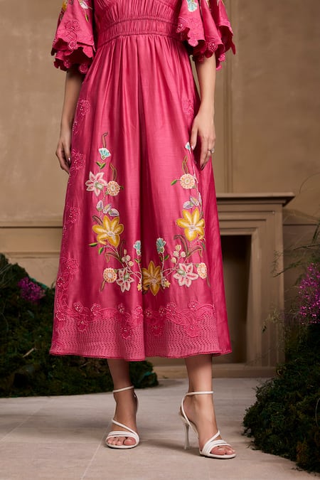 Chandrima Fuchsia Chanderi Embroidery V-neck Floral Midi Dress Online at Aza Fashions Chandrima_Fuchsia Chanderi Embroidery V-neck Floral Midi Dress _Online_at_Aza_Fashions