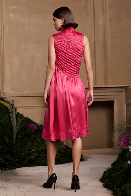 Chandrima Fuchsia Asymmetric Cutwork Dress 