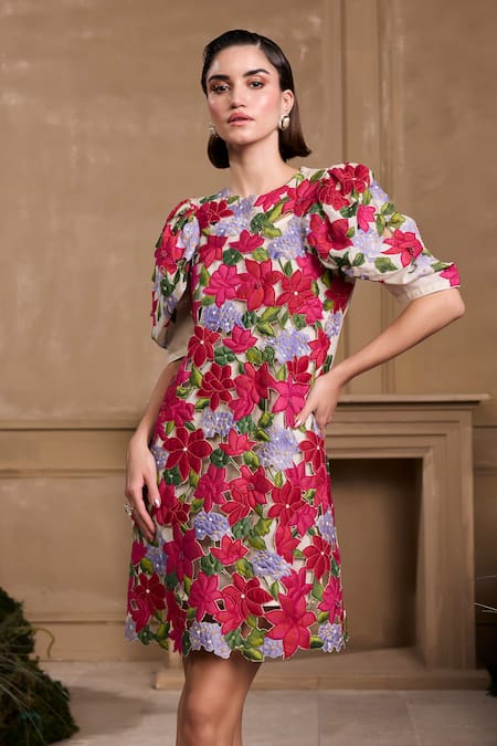 Chandrima Ivory Chanderi, Cotton Beads, Applique, Cut Work Round Neck Floral Short Dress Online at Aza Fashions Chandrima_Ivory Chanderi, Cotton Beads, Applique, Cut Work Round Neck Floral Short Dress _Online_at_Aza_Fashions