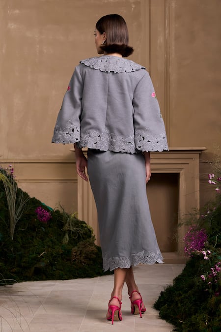 Shop_Chandrima_Gray Felt Embellished Rose Collared Grey Cutwork Jacket _at_Aza_Fashions