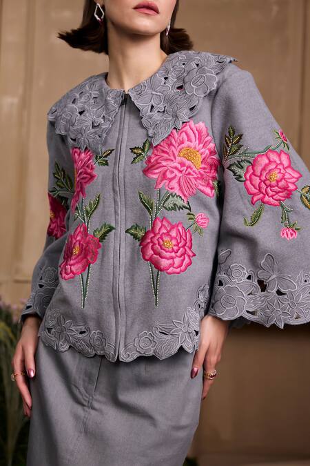 Chandrima_Gray Felt Embellished Rose Collared Grey Cutwork Jacket _Online_at_Aza_Fashions