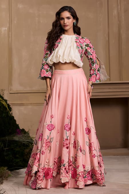 Chandrima Ivory Chanderi, Cotton Beads, Cut Work, Embellished Rose Cutwork Bolero Jacket Online at Aza Fashions Chandrima_Ivory Chanderi, Cotton Beads, Cut Work, Embellished Rose Cutwork Bolero Jacket _Online_at_Aza_Fashions