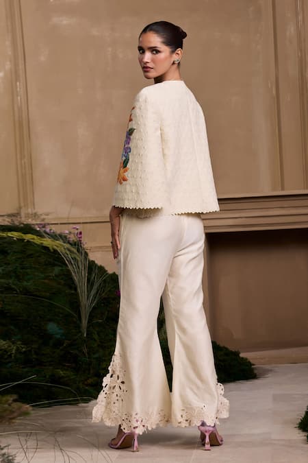 Shop Chandrima Ivory Chanderi, Cotton Beads, Applique Round Neck Hydrangea Floral Jacket at Aza Fashions Shop_Chandrima_Ivory Chanderi, Cotton Beads, Applique Round Neck Hydrangea Floral Jacket _at_Aza_Fashions