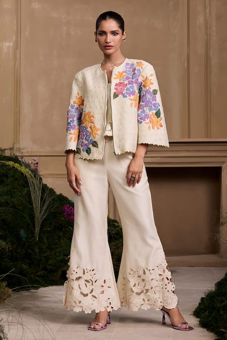 Chandrima Ivory Chanderi, Cotton Beads, Applique Round Neck Hydrangea Floral Jacket Online at Aza Fashions Chandrima_Ivory Chanderi, Cotton Beads, Applique Round Neck Hydrangea Floral Jacket _Online_at_Aza_Fashions