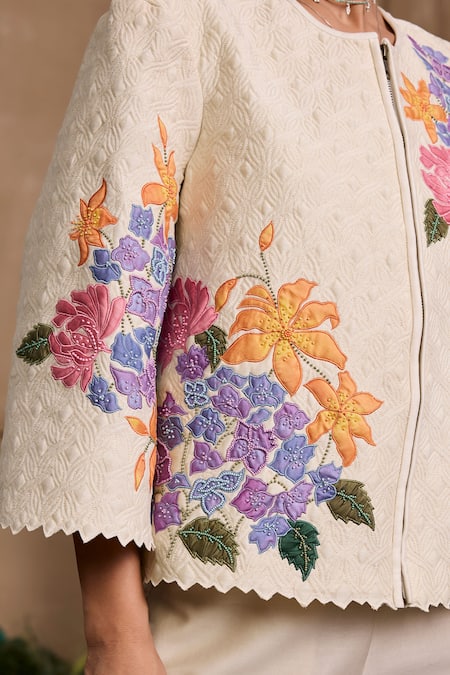 Buy Chandrima Ivory Chanderi, Cotton Beads, Applique Round Neck Hydrangea Floral Jacket Online at Aza Fashions Buy_Chandrima_Ivory Chanderi, Cotton Beads, Applique Round Neck Hydrangea Floral Jacket _Online_at_Aza_Fashions