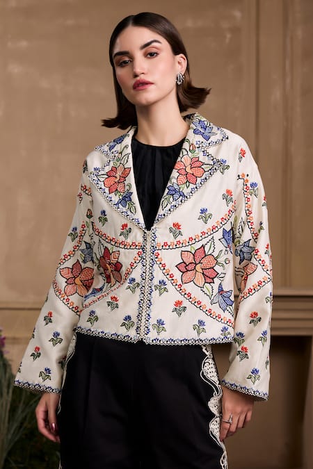 Chandrima Contrast Floral Embellished Short Jacket 