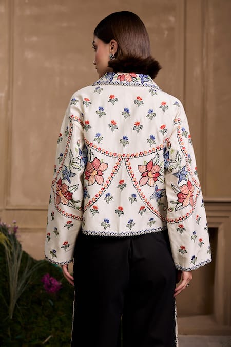 Shop Chandrima Ivory Chanderi Embroidery Collared Floral Embellished Short Jacket at Aza Fashions Shop_Chandrima_Ivory Chanderi Embroidery Collared Floral Embellished Short Jacket _at_Aza_Fashions