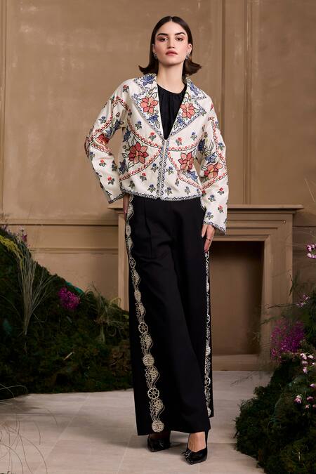 Chandrima Ivory Chanderi Embroidery Collared Floral Embellished Short Jacket Online at Aza Fashions Chandrima_Ivory Chanderi Embroidery Collared Floral Embellished Short Jacket _Online_at_Aza_Fashions