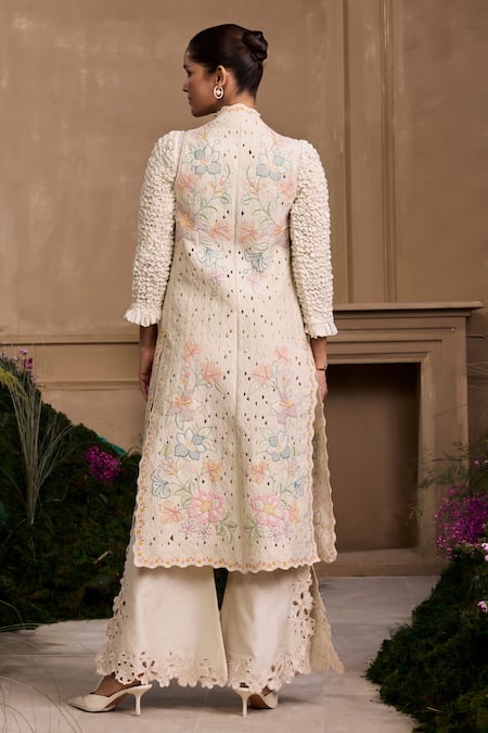 Shop_Chandrima_Ivory Chanderi, Cotton Beads, Cut Work Embellished Floral Quilted Long Jacket _at_Aza_Fashions
