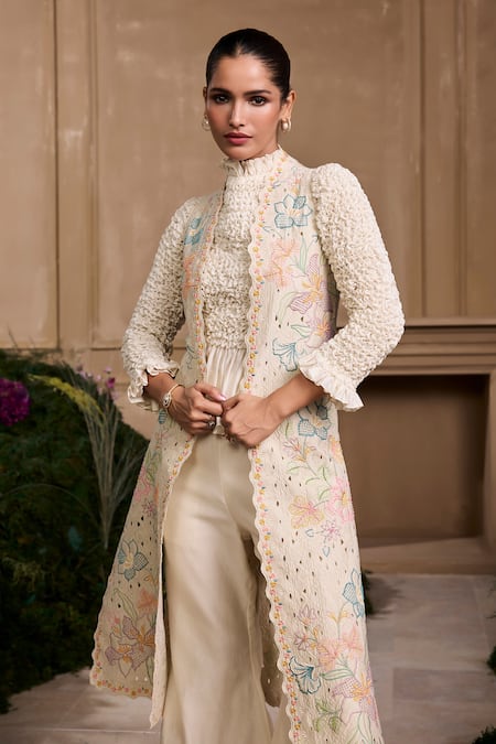Chandrima_Ivory Chanderi, Cotton Beads, Cut Work Embellished Floral Quilted Long Jacket _Online_at_Aza_Fashions