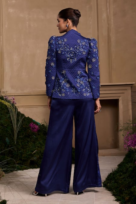 Shop Chandrima Blue Silk Satin, Cotton Embroidery V-neck Cobalt Quilted Peplum Jacket at Aza Fashions Shop_Chandrima_Blue Silk Satin, Cotton Embroidery V-neck Cobalt Quilted Peplum Jacket _at_Aza_Fashions
