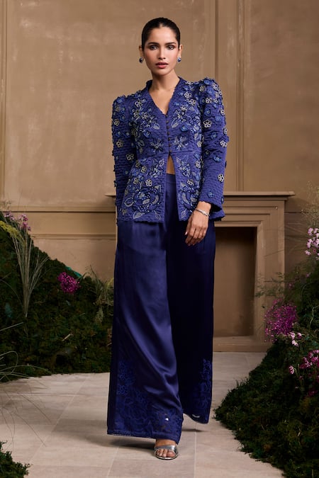 Chandrima Blue Silk Satin, Cotton Embroidery V-neck Cobalt Quilted Peplum Jacket Online at Aza Fashions Chandrima_Blue Silk Satin, Cotton Embroidery V-neck Cobalt Quilted Peplum Jacket _Online_at_Aza_Fashions