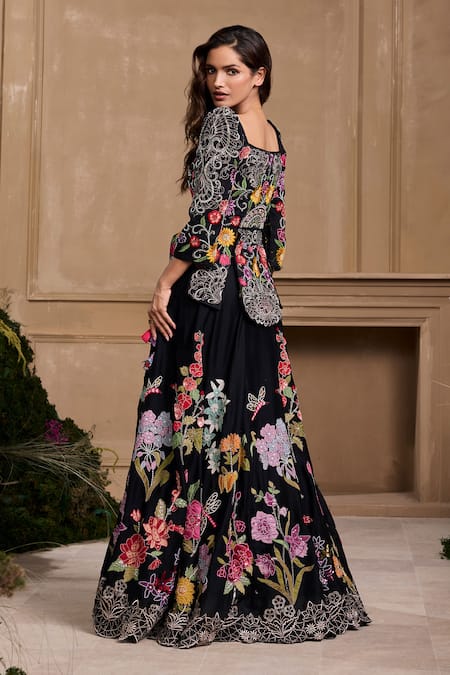 Shop Chandrima Black Chanderi, Cotton Embroidery Square Neck Floral Embellished Jacket at Aza Fashions Shop_Chandrima_Black Chanderi, Cotton Embroidery Square Neck Floral Embellished Jacket _at_Aza_Fashions