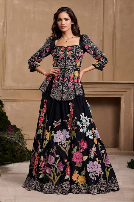 Chandrima Black Chanderi, Cotton Embroidery Square Neck Floral Embellished Jacket Online at Aza Fashions Chandrima_Black Chanderi, Cotton Embroidery Square Neck Floral Embellished Jacket _Online_at_Aza_Fashions