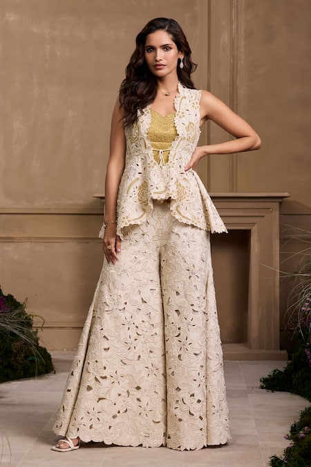 Chandrima Ivory Chanderi, Cotton Embroidery, Beads Cutwork Floral Applique Peplum Jacket Online at Aza Fashions Chandrima_Ivory Chanderi, Cotton Embroidery, Beads Cutwork Floral Applique Peplum Jacket _Online_at_Aza_Fashions