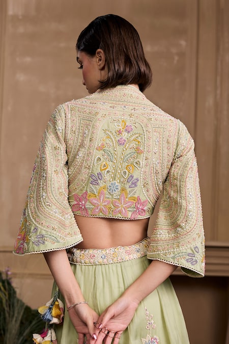 Shop Chandrima Green Chanderi Beads Floral Embellished Bolero Jacket at Aza Fashions Shop_Chandrima_Green Chanderi Beads Floral Embellished Bolero Jacket _at_Aza_Fashions