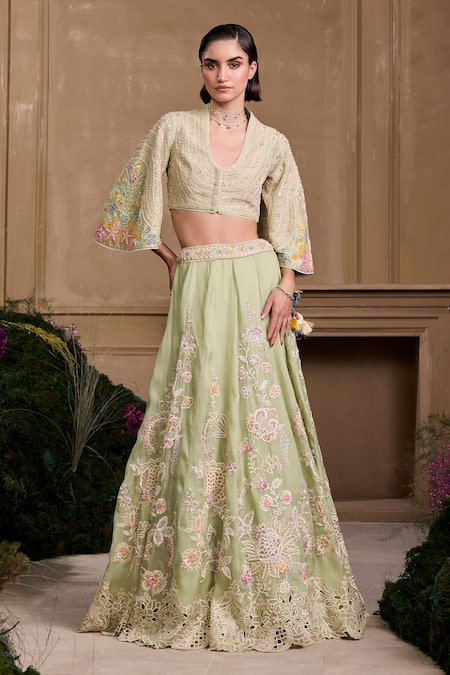 Chandrima Green Chanderi Beads Floral Embellished Bolero Jacket Online at Aza Fashions Chandrima_Green Chanderi Beads Floral Embellished Bolero Jacket _Online_at_Aza_Fashions