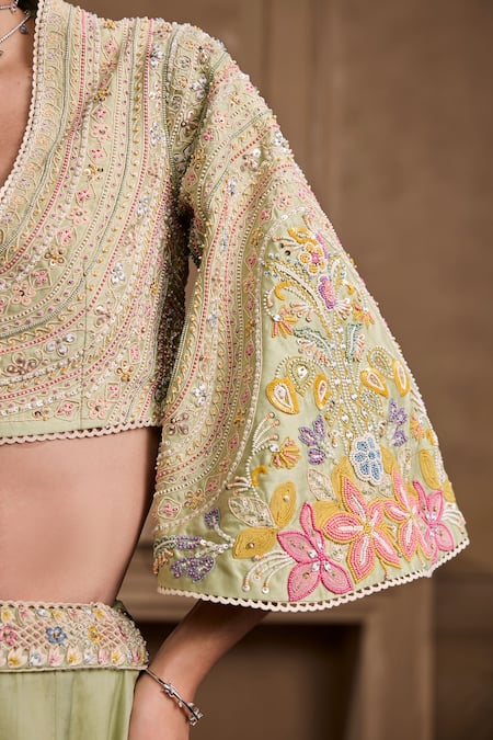 Buy Chandrima Green Chanderi Beads Floral Embellished Bolero Jacket Online at Aza Fashions Buy_Chandrima_Green Chanderi Beads Floral Embellished Bolero Jacket _Online_at_Aza_Fashions