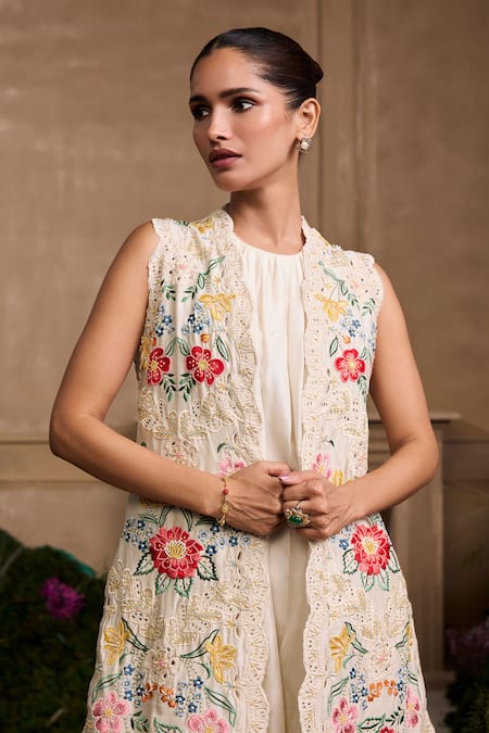 Chandrima_Ivory Chanderi, Cotton Embroidery Open Neck Floral Cutwork Long Jacket _Online_at_Aza_Fashions
