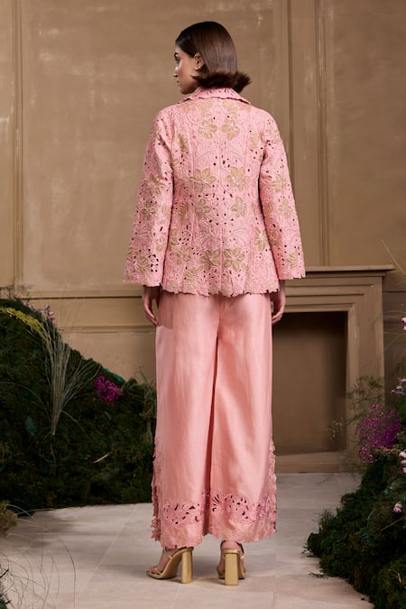 Shop Chandrima Pink Chanderi, Cotton Embroidery, Beads, Applique, Cut Floral Flared Jacket at Aza Fashions Shop_Chandrima_Pink Chanderi, Cotton Embroidery, Beads, Applique, Cut Floral Flared Jacket _at_Aza_Fashions