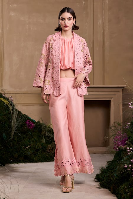 Chandrima Pink Chanderi, Cotton Embroidery, Beads, Applique, Cut Floral Flared Jacket Online at Aza Fashions Chandrima_Pink Chanderi, Cotton Embroidery, Beads, Applique, Cut Floral Flared Jacket _Online_at_Aza_Fashions