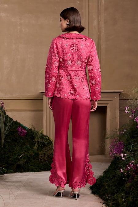 Shop Chandrima Fuchsia Silk Satin, Cotton Sequins, Beads, Embroidery Floral Quilted Jacket at Aza Fashions Shop_Chandrima_Fuchsia Silk Satin, Cotton Sequins, Beads, Embroidery Floral Quilted Jacket _at_Aza_Fashions