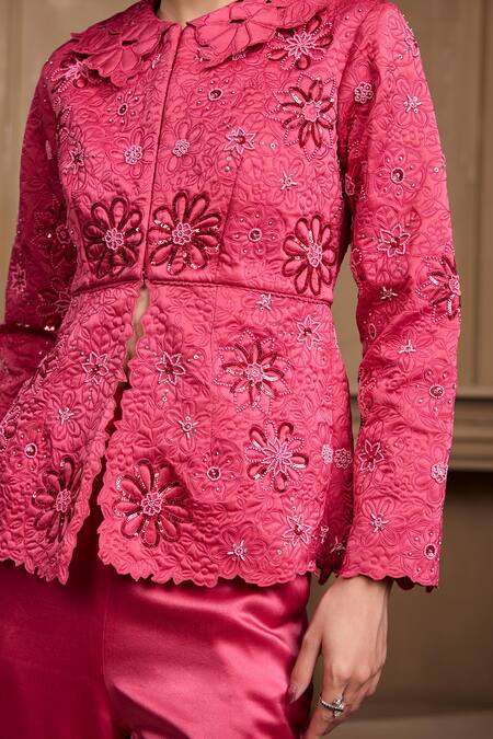 Chandrima Fuchsia Silk Satin, Cotton Sequins, Beads, Embroidery Floral Quilted Jacket Online at Aza Fashions Chandrima_Fuchsia Silk Satin, Cotton Sequins, Beads, Embroidery Floral Quilted Jacket _Online_at_Aza_Fashions