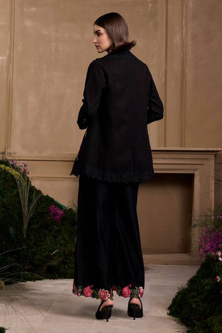 Shop_Chandrima_Black Felt Thread Collared Floral Cutwork Jacket _at_Aza_Fashions