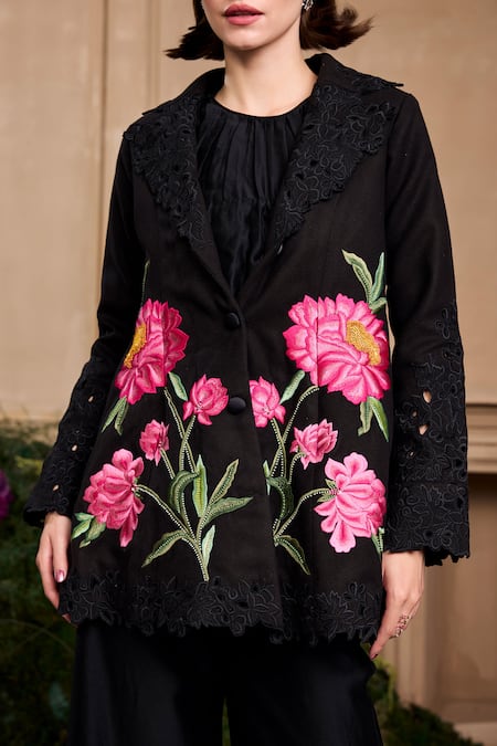 Chandrima_Black Felt Thread Collared Floral Cutwork Jacket _Online_at_Aza_Fashions