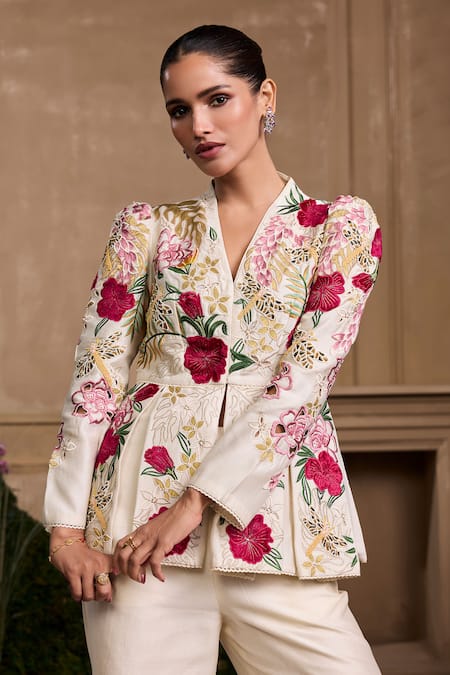 Chandrima Floral Foliage Pleated Peplum Jacket 