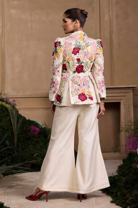Shop Chandrima Ivory Chanderi Embroidery V-neck Floral Applique Peplum Jacket at Aza Fashions Shop_Chandrima_Ivory Chanderi Embroidery V-neck Floral Applique Peplum Jacket _at_Aza_Fashions
