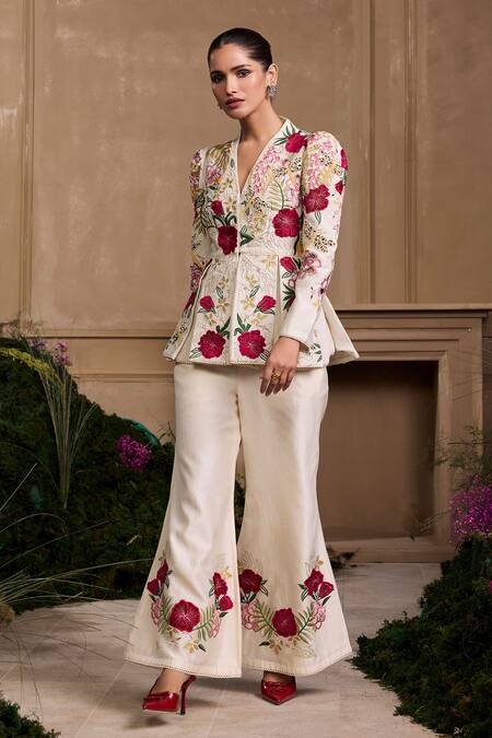 Chandrima Ivory Chanderi Embroidery V-neck Floral Applique Peplum Jacket Online at Aza Fashions Chandrima_Ivory Chanderi Embroidery V-neck Floral Applique Peplum Jacket _Online_at_Aza_Fashions