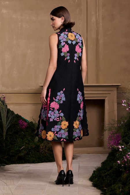 Shop Chandrima Black Chanderi, Cotton Embroidery Open Hydrangea Floral Applique Long Jacket at Aza Fashions Shop_Chandrima_Black Chanderi, Cotton Embroidery Open Hydrangea Floral Applique Long Jacket _at_Aza_Fashions