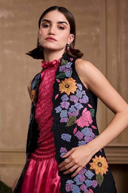 Chandrima Black Chanderi, Cotton Embroidery Open Hydrangea Floral Applique Long Jacket Online at Aza Fashions Chandrima_Black Chanderi, Cotton Embroidery Open Hydrangea Floral Applique Long Jacket _Online_at_Aza_Fashions