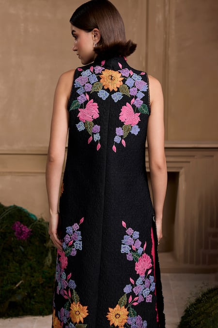 Buy Chandrima Black Chanderi, Cotton Embroidery Open Hydrangea Floral Applique Long Jacket Online at Aza Fashions Buy_Chandrima_Black Chanderi, Cotton Embroidery Open Hydrangea Floral Applique Long Jacket _Online_at_Aza_Fashions