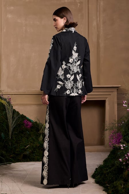Shop_Chandrima_Black Cotton Applique, Beads Collared Floral Zipper Detail Jacket _at_Aza_Fashions