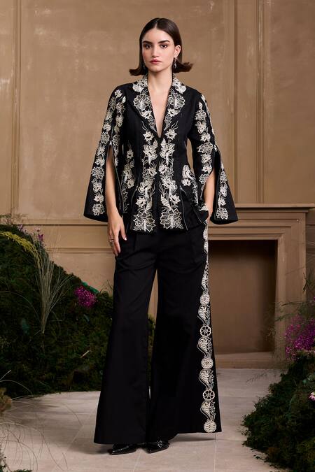 Buy_Chandrima_Black Cotton Applique, Beads Collared Floral Zipper Detail Jacket _Online_at_Aza_Fashions