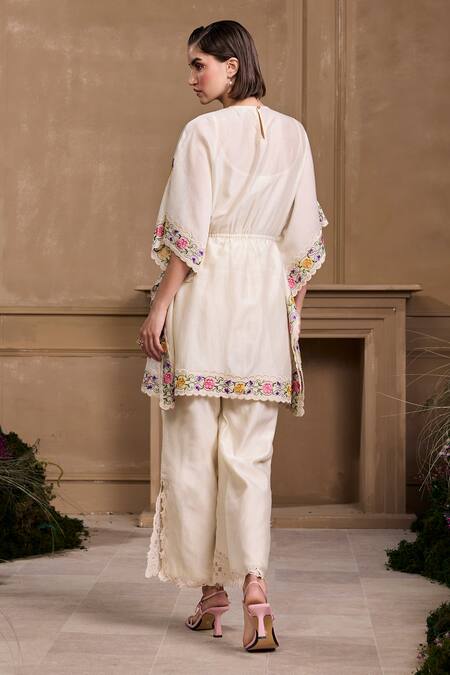 Shop_Chandrima_Ivory Chanderi Embroidery Round Neck Floral Applique Cutwork Kaftan _at_Aza_Fashions