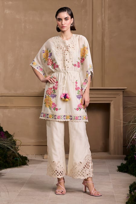 Chandrima_Ivory Chanderi Embroidery Round Neck Floral Applique Cutwork Kaftan _Online_at_Aza_Fashions