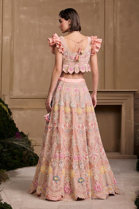 Shop Chandrima Pink Chanderi, Cotton Beads Floral Cordwork Lehenga at Aza Fashions Shop_Chandrima_Pink Chanderi, Cotton Beads Floral Cordwork Lehenga _at_Aza_Fashions