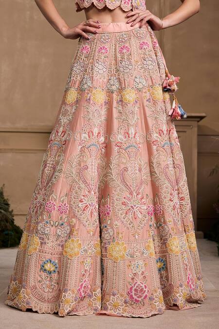 Chandrima Pink Chanderi, Cotton Beads Floral Cordwork Lehenga Online at Aza Fashions Chandrima_Pink Chanderi, Cotton Beads Floral Cordwork Lehenga _Online_at_Aza_Fashions