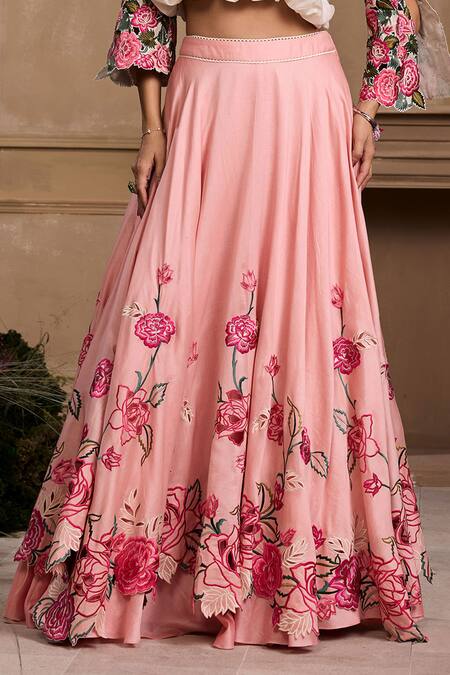 Chandrima Pink Chanderi, Linen Floral Cutwork Layered Lehenga Online at Aza Fashions Chandrima_Pink Chanderi, Linen Floral Cutwork Layered Lehenga _Online_at_Aza_Fashions