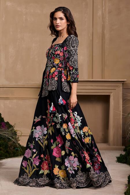 Chandrima_Black Chanderi, Linen Embroidery, Cut Work Floral Applique Lehenga _Online_at_Aza_Fashions