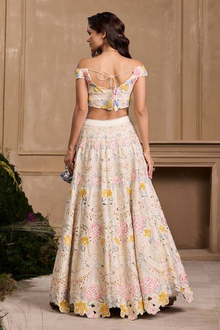 Shop_Chandrima_Ivory Chanderi, Cotton Embroidery, Beads Floral Cutwork Embellished Lehenga _at_Aza_Fashions