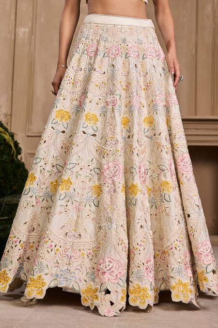 Chandrima_Ivory Chanderi, Cotton Embroidery, Beads Floral Cutwork Embellished Lehenga _Online_at_Aza_Fashions